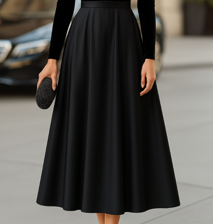 CIELO | Elegante Abito Midi in Velluto Nero e Satin