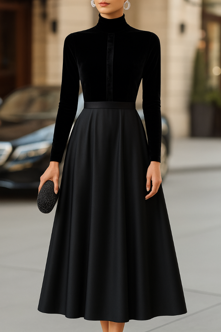 CIELO | Elegant Black Velvet And Satin Midi Dress