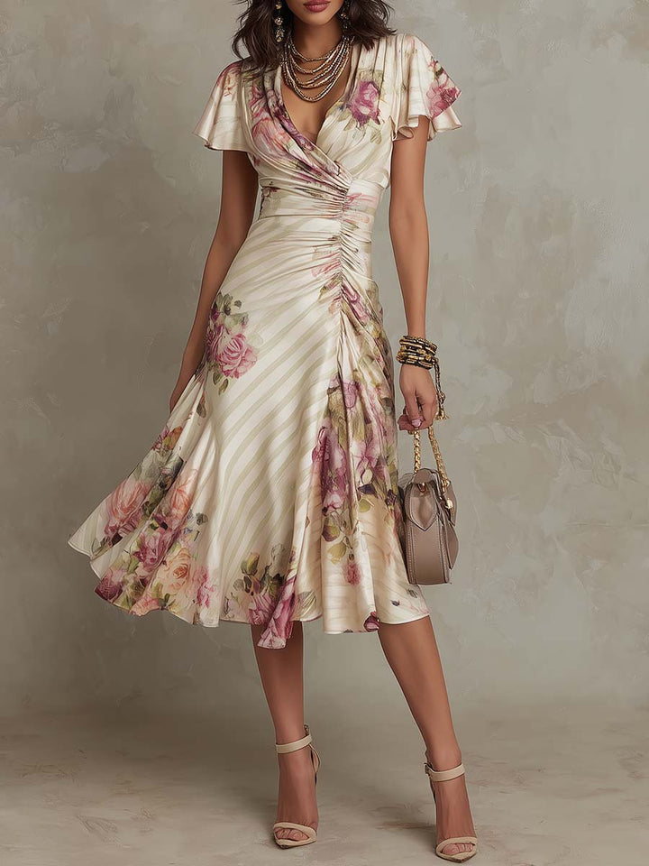Alba | Elegante Vestito Midi Drappeggiato con Fiori