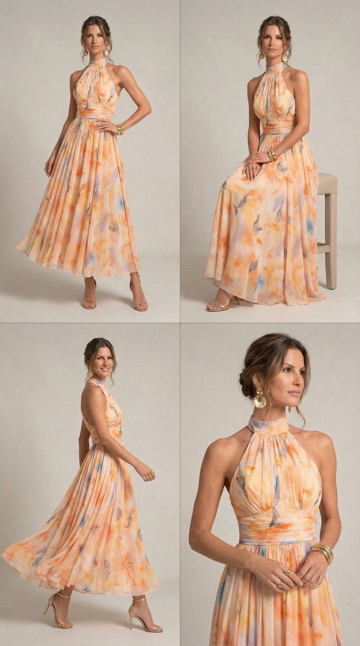 Abito con colletto halter stampato acquerello