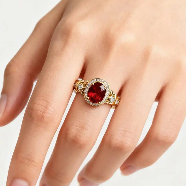 Anello Dichiarativo con Nodo Halo in Rubino