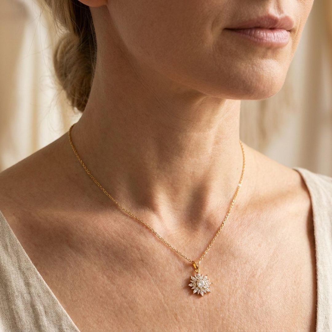 Set di collana e orecchini in zirconio argento trendy a forma di girasole