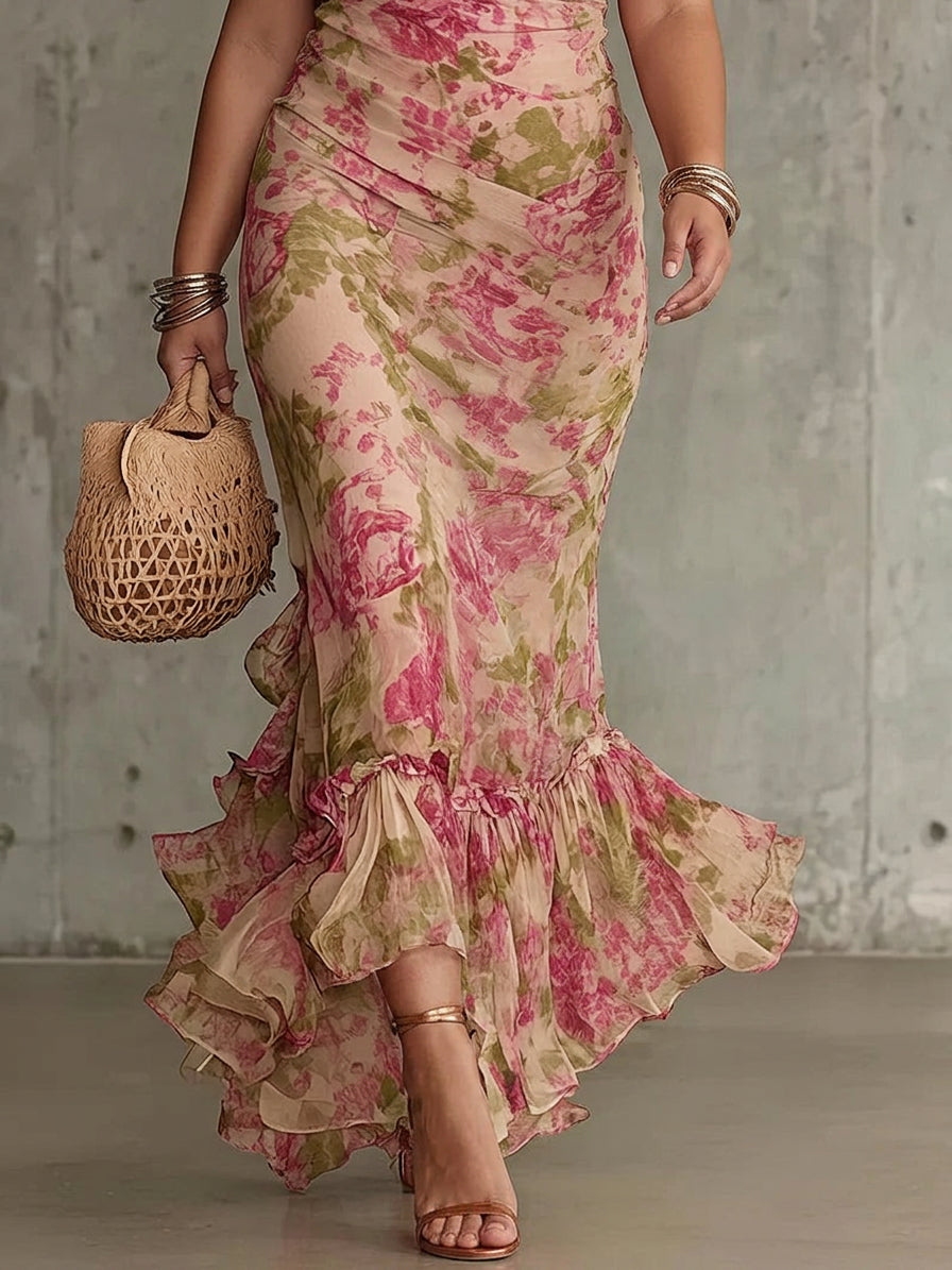 Mae | Abito Maxi a Maniche Puff con Stampa Rosa Vintage