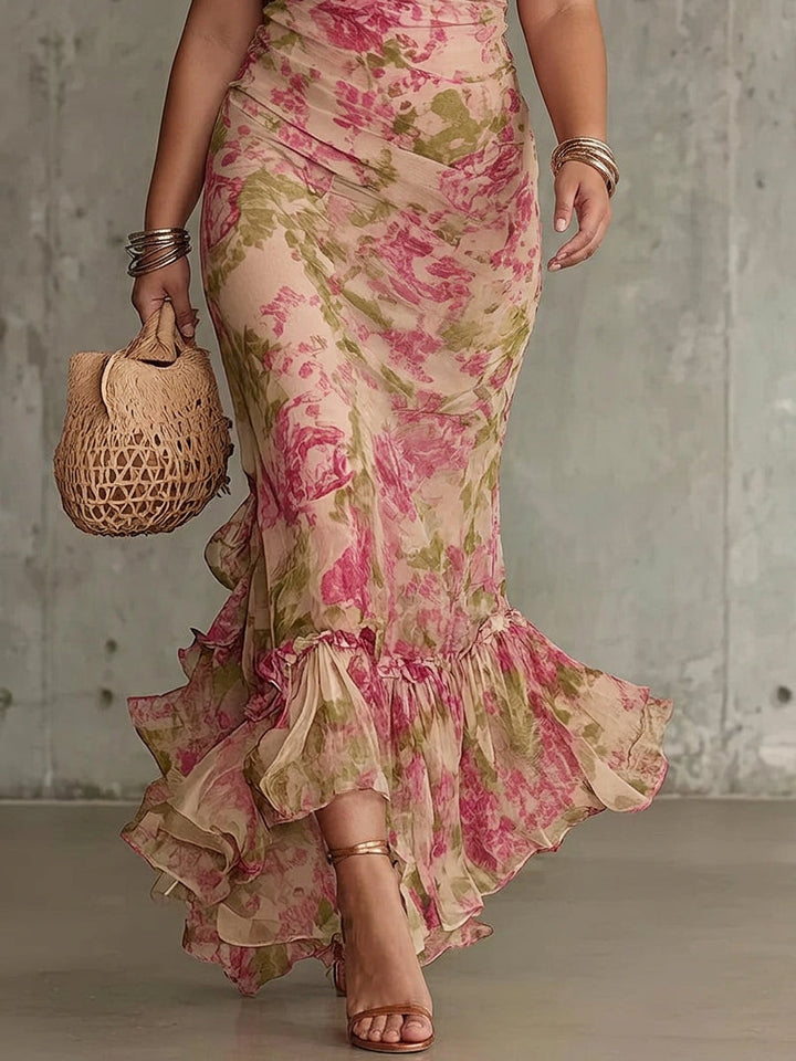 Mae | Abito Maxi a Maniche Puff con Stampa Rosa Vintage