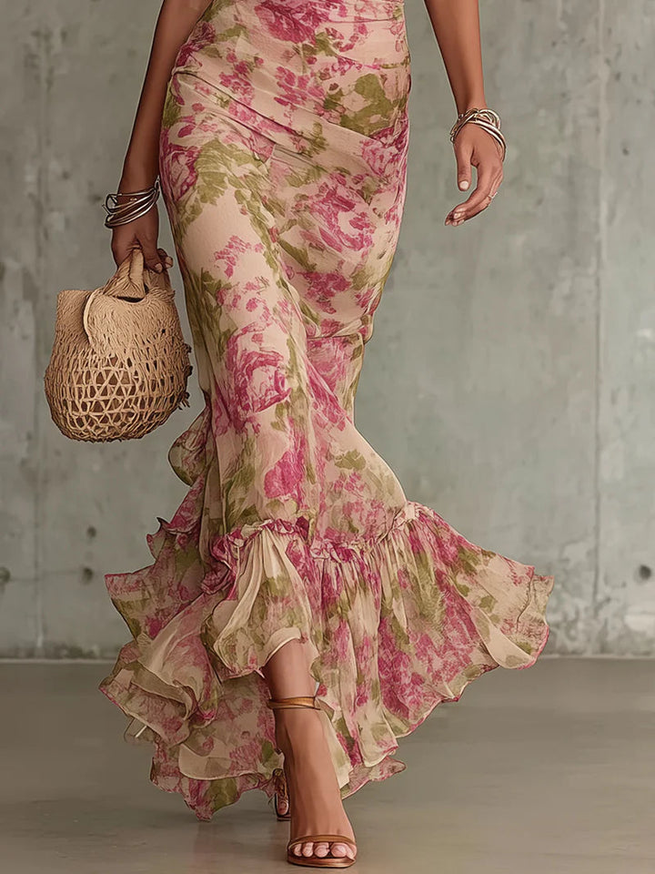 Abito Maxi con Stampa Rosa Vintage e Maniche a Palloncino (Accessori non inclusi)