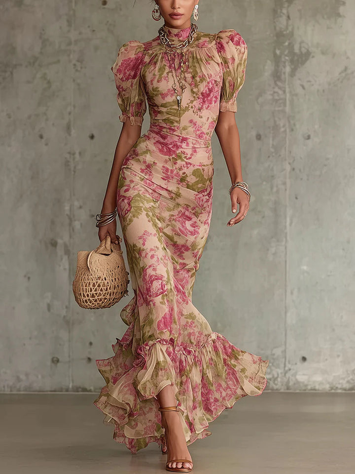 Abito Maxi con Stampa Rosa Vintage e Maniche a Palloncino (Accessori non inclusi)