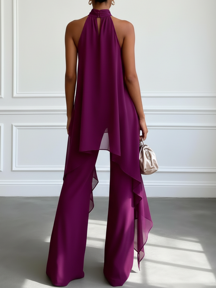 Top Elegante Senza Maniche Viola Con Pantaloni Set Due Pezzi