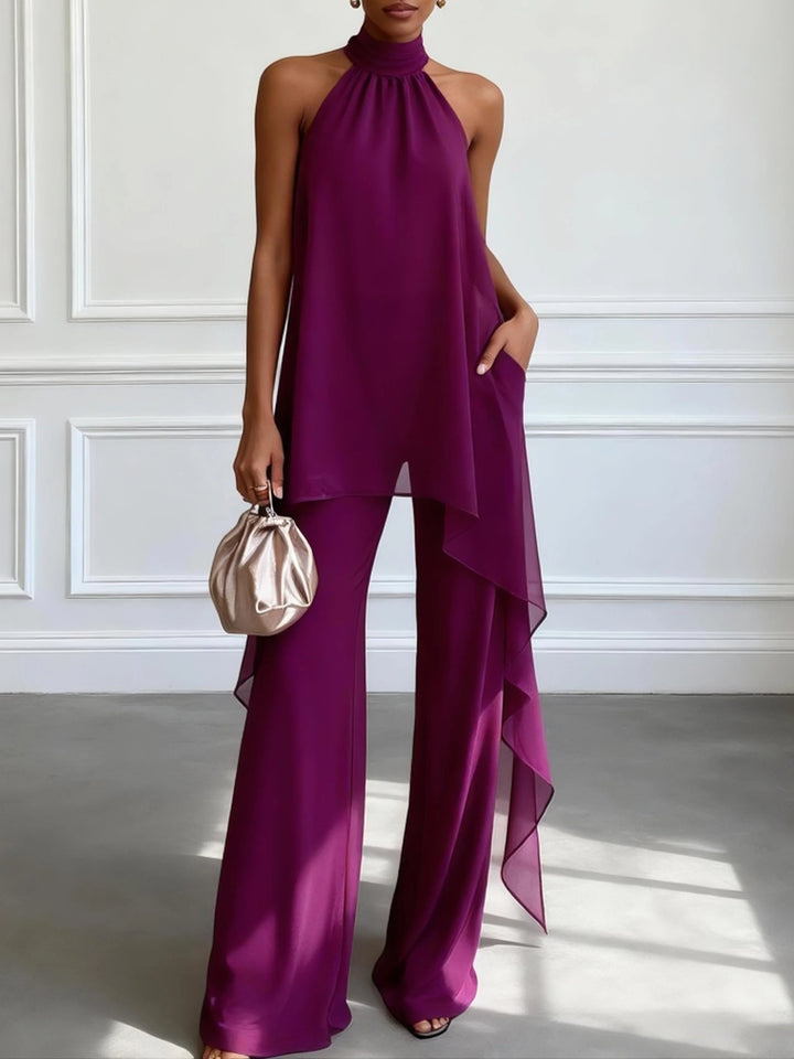 Top Elegante Senza Maniche Viola Con Pantaloni Set Due Pezzi