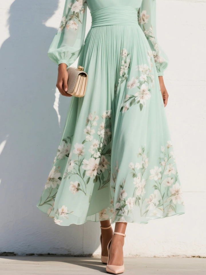 Abito Maxi Plissettato in Chiffon Verde Menta con Stampa Floreale per Donne