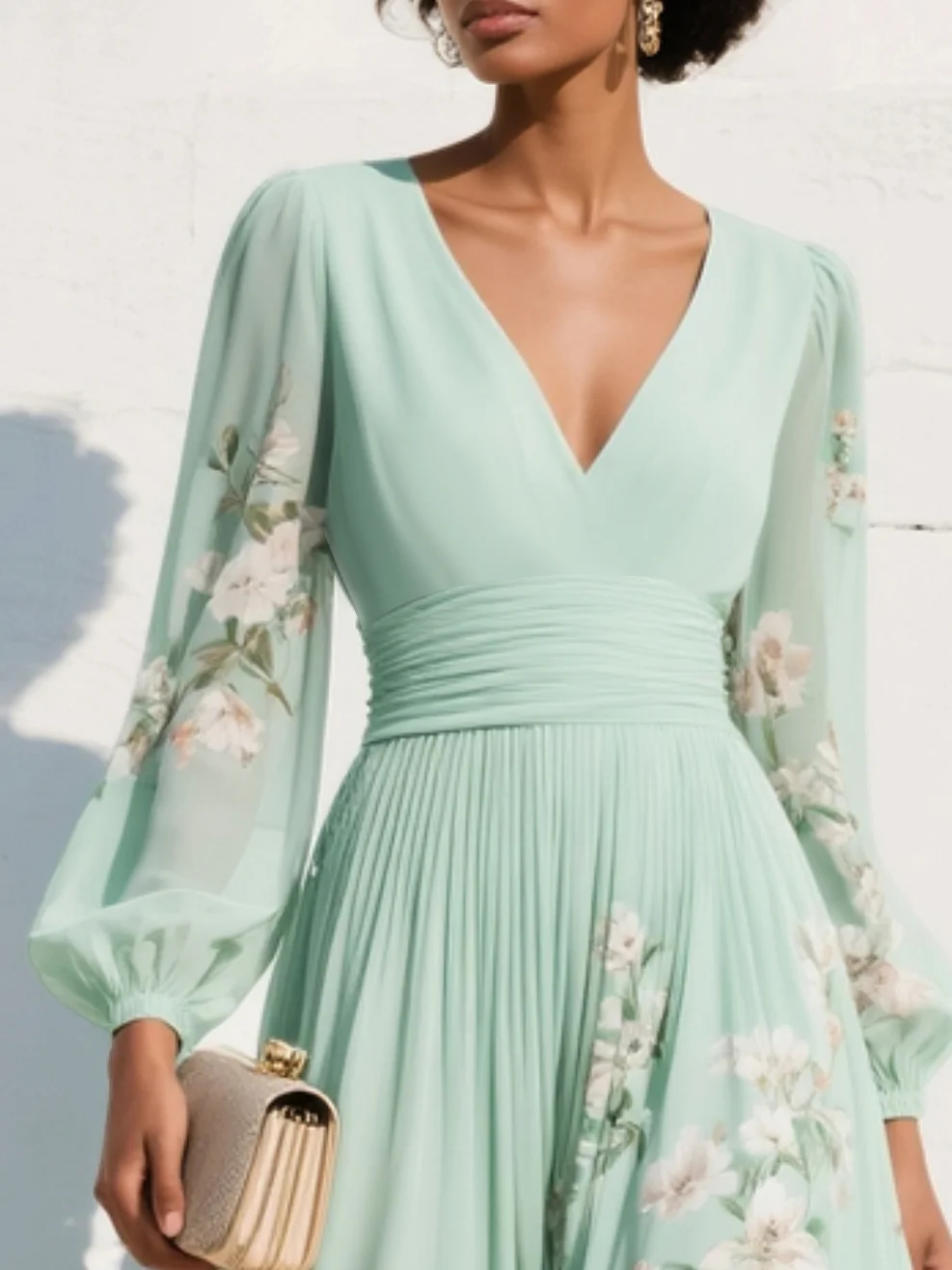 Abito Maxi Plissettato in Chiffon Verde Menta con Stampa Floreale per Donne