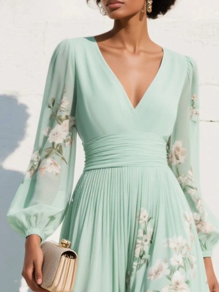 Abito Maxi Plissettato in Chiffon Verde Menta con Stampa Floreale per Donne