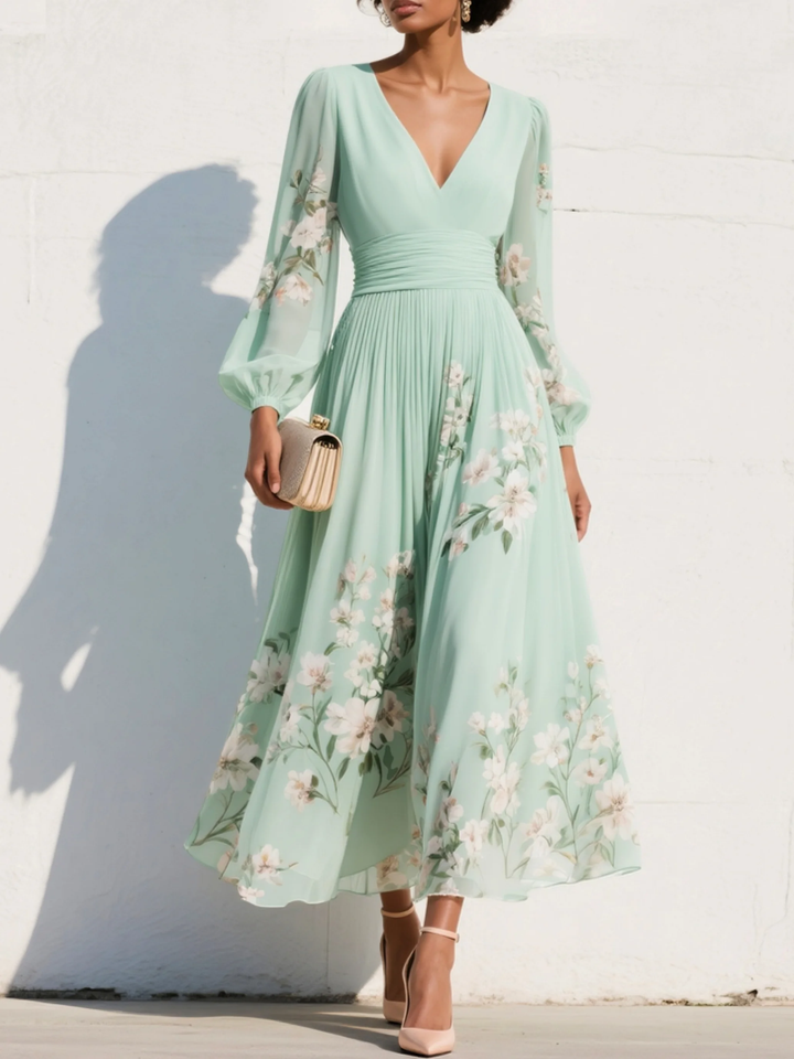 Abito Maxi Plissettato in Chiffon Verde Menta con Stampa Floreale per Donne