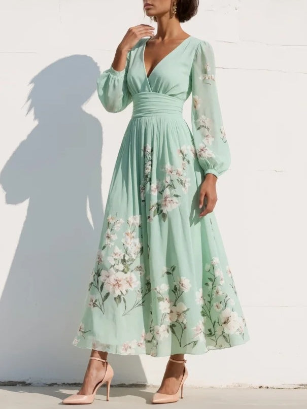 Abito Maxi Plissettato in Chiffon Verde Menta con Stampa Floreale per Donne