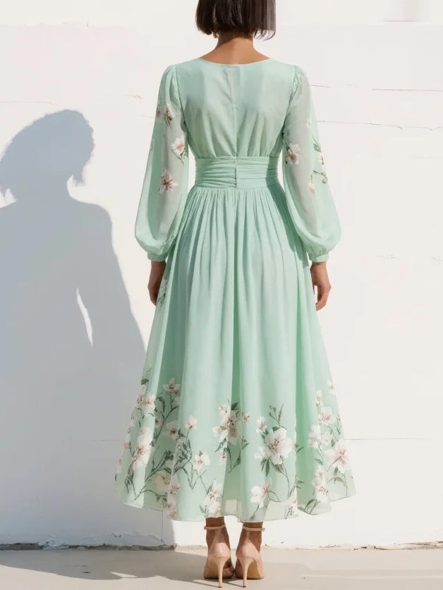 Abito Maxi Plissettato in Chiffon Verde Menta con Stampa Floreale per Donne