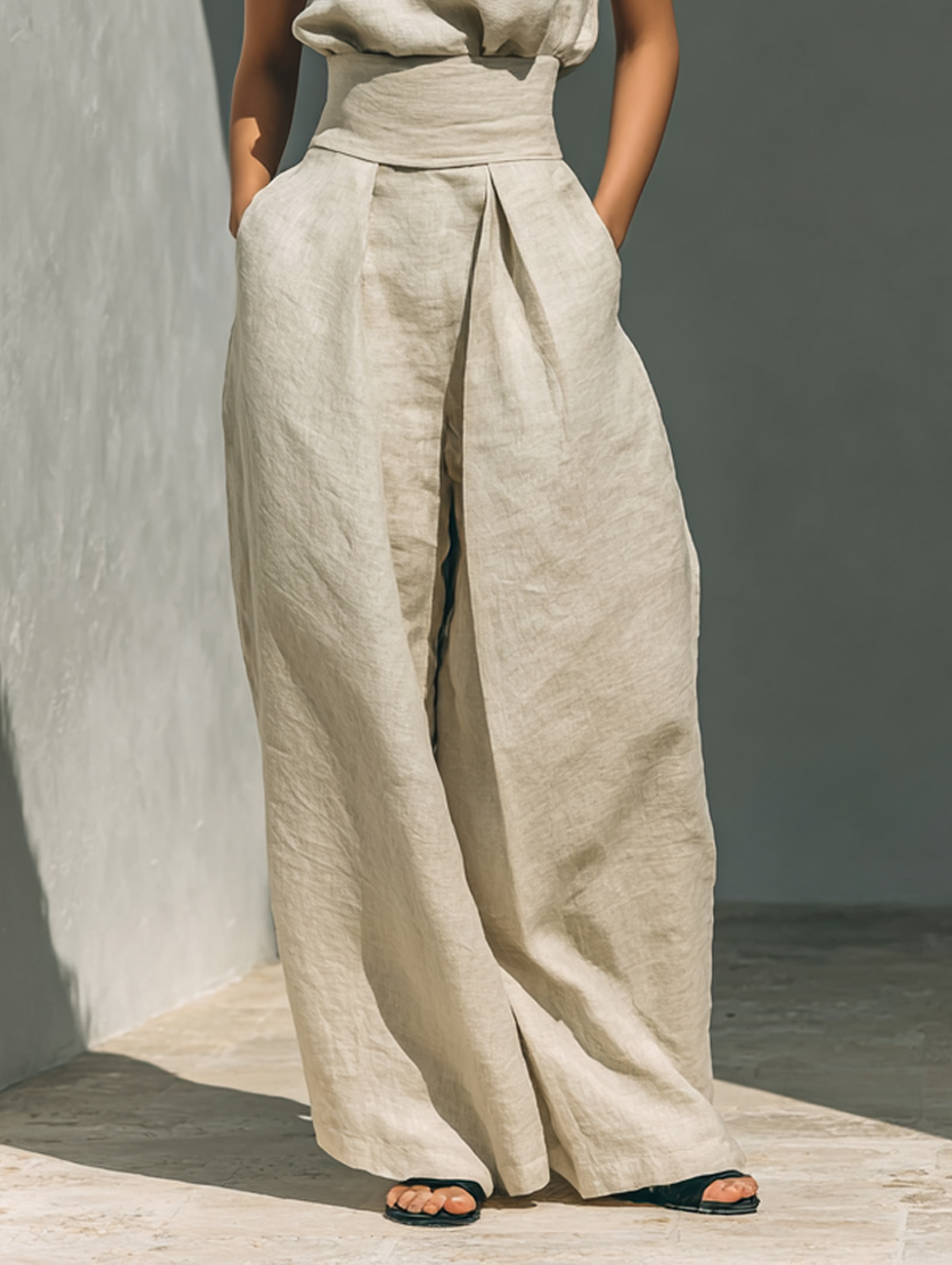 Aurora | Set Co-Ord Beige Relaxed Senza Maniche con Pantaloni Larghi