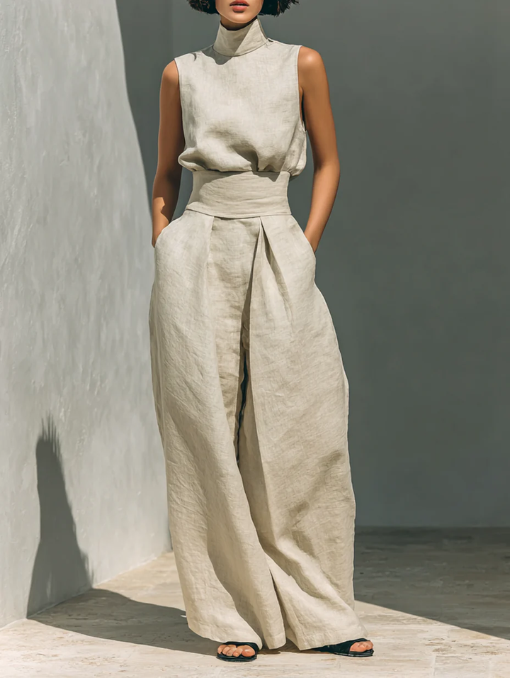 Aurora | Set Co-Ord Beige Relaxed Senza Maniche con Pantaloni Larghi