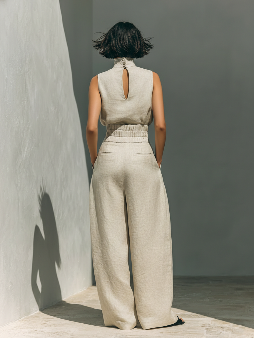 Aurora | Set Co-Ord Beige Relaxed Senza Maniche con Pantaloni Larghi