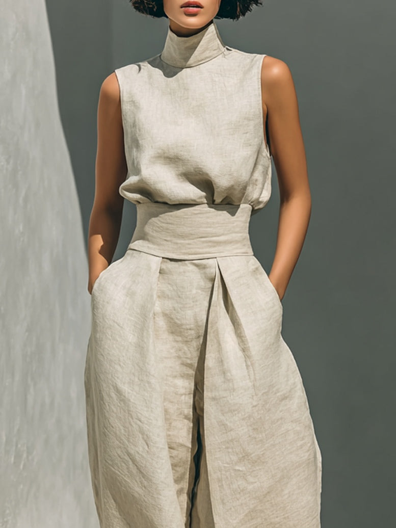 Aurora | Set Co-Ord Beige Relaxed Senza Maniche con Pantaloni Larghi