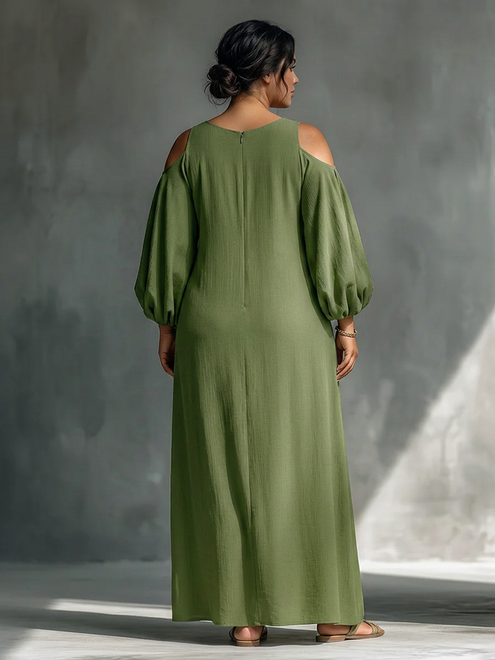 Anika | Maxi Dress Verde Off-Shoulder con Maniche a Palloncino