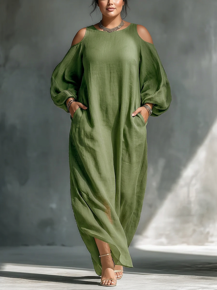 Anika | Maxi Dress Verde Off-Shoulder con Maniche a Palloncino