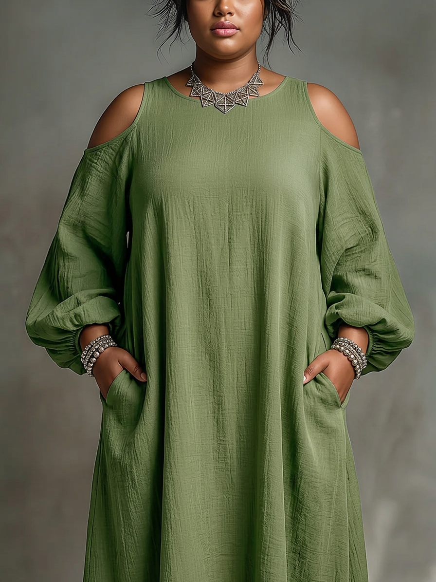 Anika | Maxi Dress Verde Off-Shoulder con Maniche a Palloncino