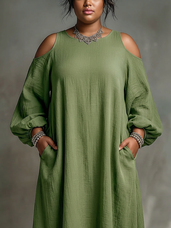 Anika | Maxi Dress Verde Off-Shoulder con Maniche a Palloncino