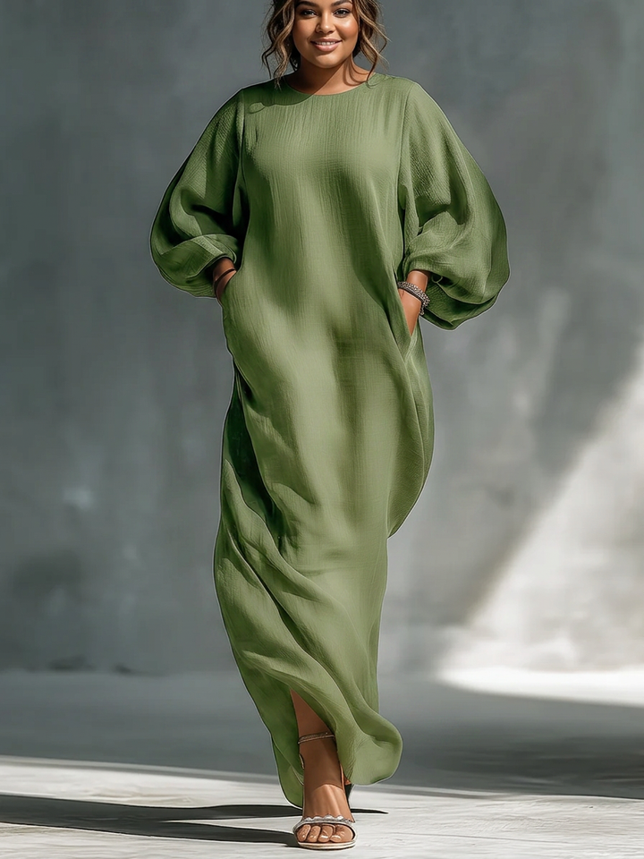 Anika | Maxi Dress Verde Off-Shoulder con Maniche a Palloncino