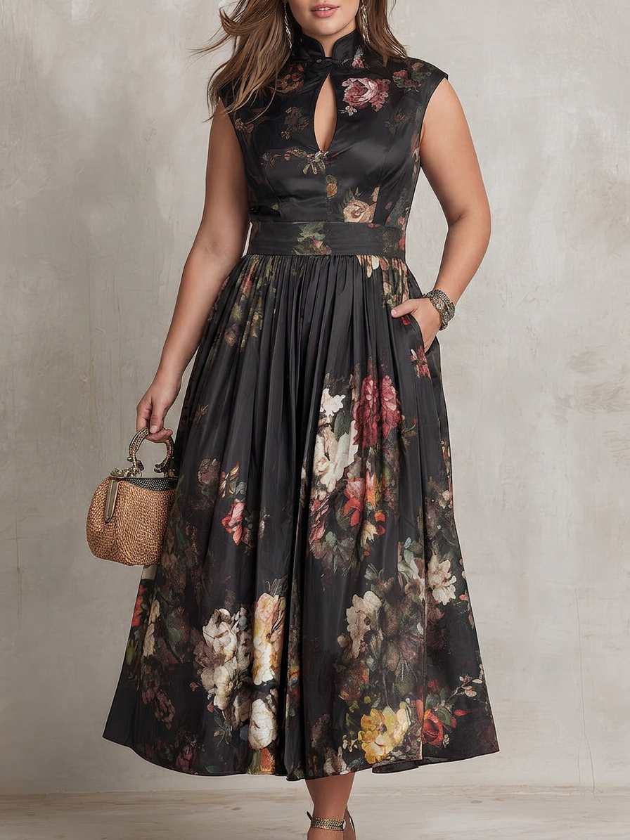 Patricia | Abito Midi Plissettato in Raso Nero con Fiori