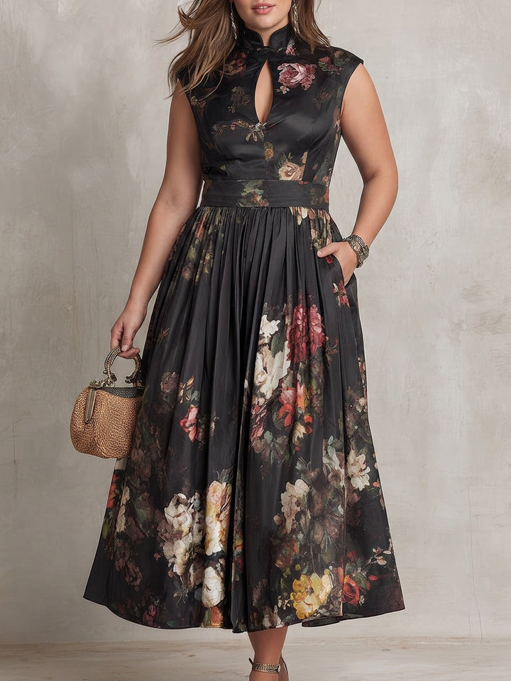 Patricia | Abito Midi Plissettato in Raso Nero con Fiori