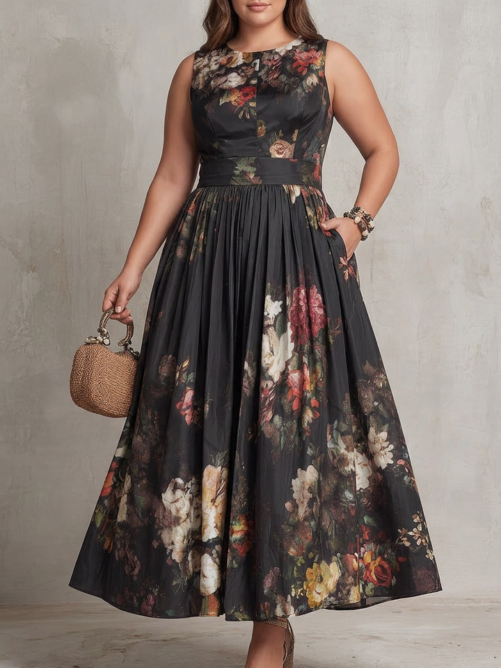 Patricia | Abito Midi Plissettato in Raso Nero con Fiori