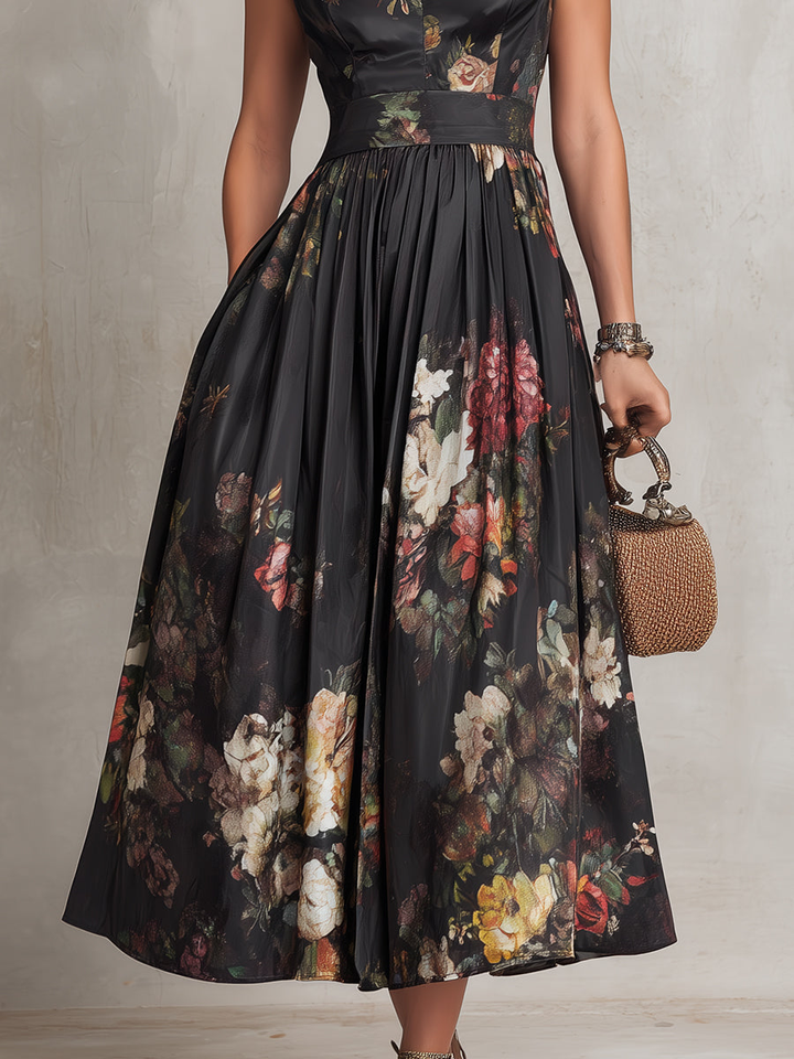 Abito Midi in Satin Pieghettato con Collo a Chiave Nera