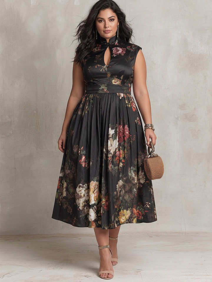 Patricia | Abito Midi Plissettato in Raso Nero con Fiori