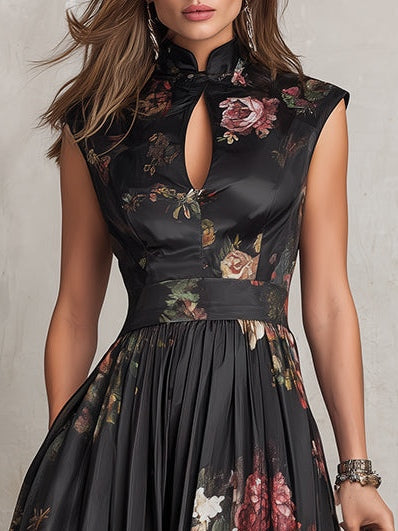 Abito Midi in Satin Pieghettato con Collo a Chiave Nera