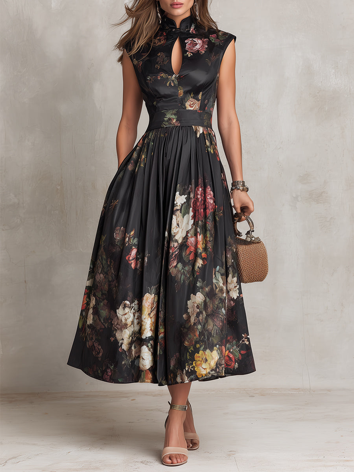 Violetta - Vestito Midi Nero in Satin Pieghettato con Motivo Floreale e Scollatura a Chiave