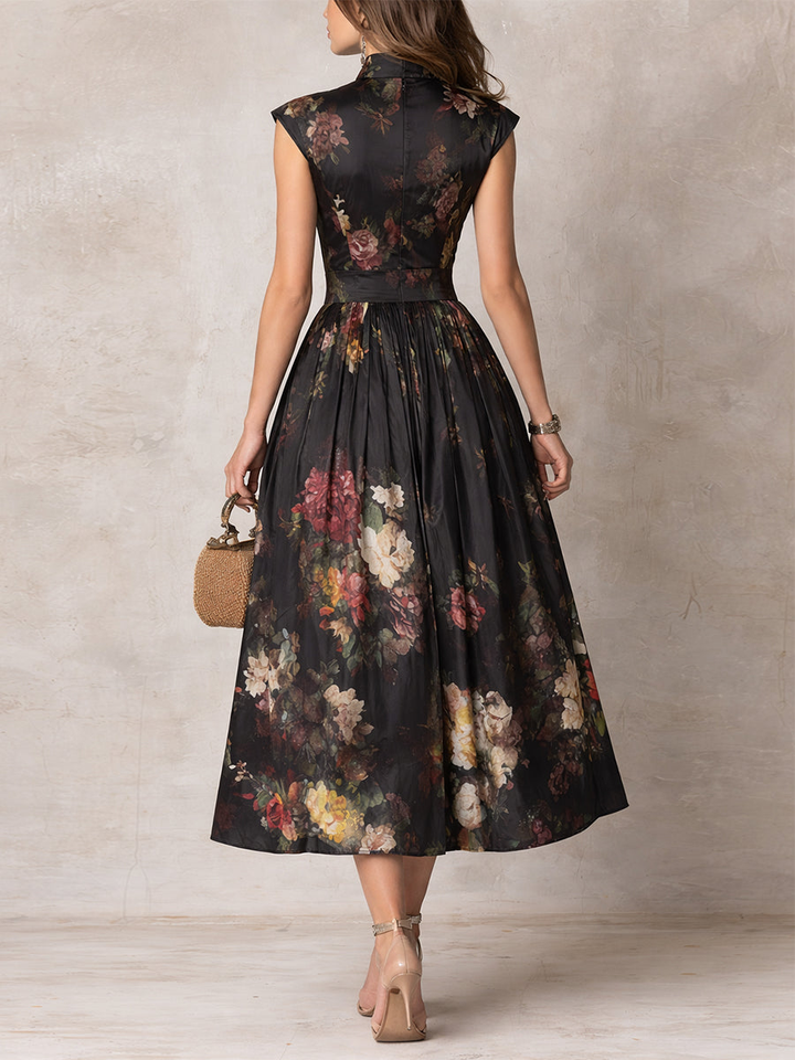 Violetta - Vestito Midi Nero in Satin Pieghettato con Motivo Floreale e Scollatura a Chiave
