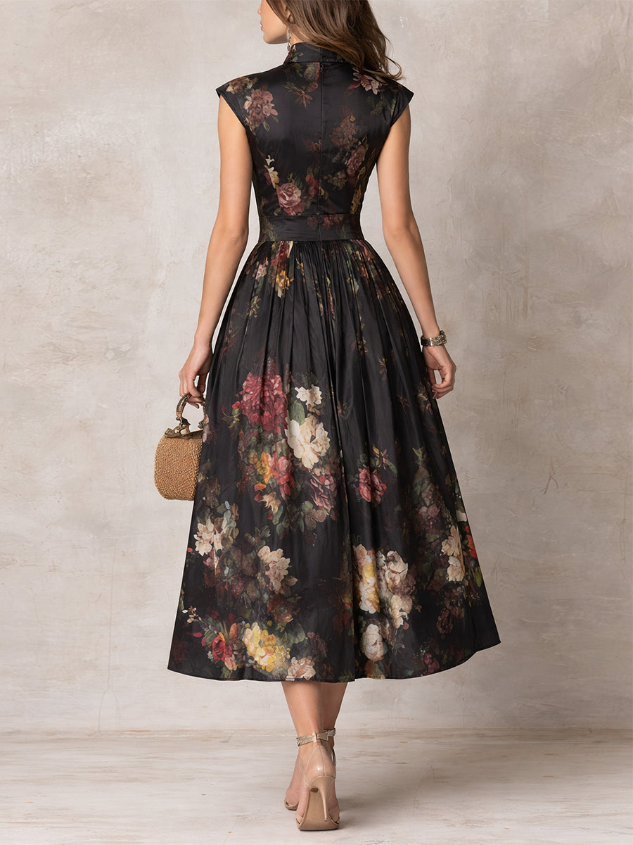 Abito Midi in Satin Pieghettato con Collo a Chiave Nera