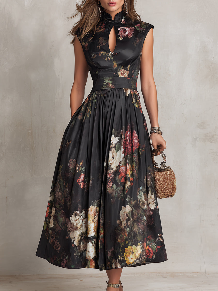 Abito Midi in Satin Pieghettato con Collo a Chiave Nera