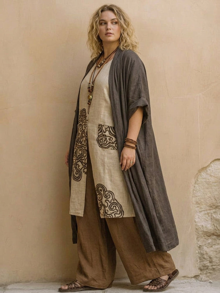 Sophie | Set Tre Pezzi in Grigio Scuro e Marrone con Stampa Tribale