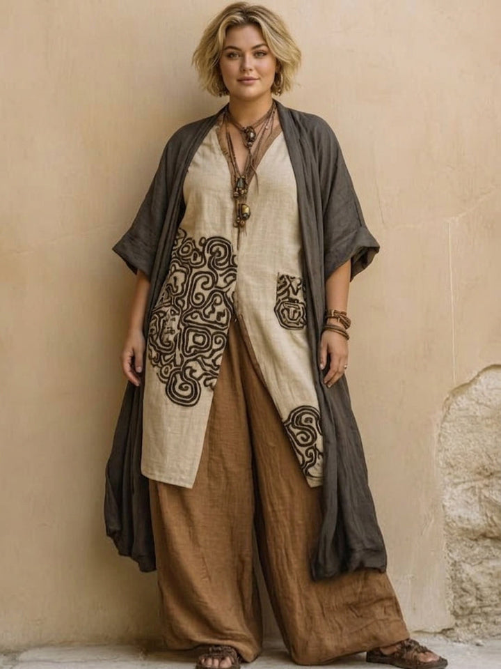 Sophie | Set Tre Pezzi in Grigio Scuro e Marrone con Stampa Tribale