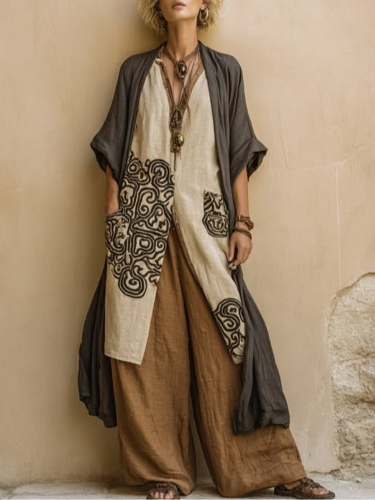 Giulia - Set Nomade Bohemien in Tre Pezzi Grigio Scuro e Marrone con Motivo Tribale