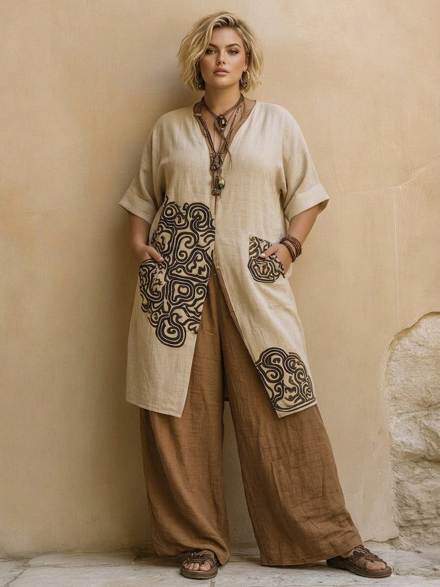 Sophie | Set Tre Pezzi in Grigio Scuro e Marrone con Stampa Tribale