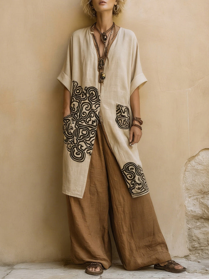 Giulia - Set Nomade Bohemien in Tre Pezzi Grigio Scuro e Marrone con Motivo Tribale