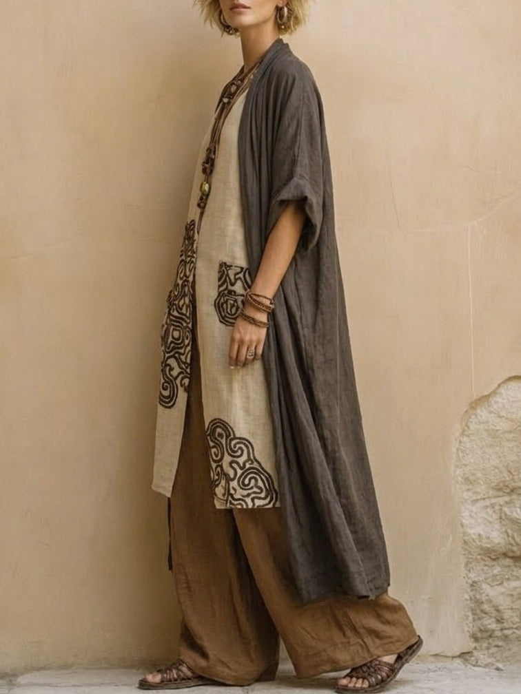 Giulia - Set Nomade Bohemien in Tre Pezzi Grigio Scuro e Marrone con Motivo Tribale