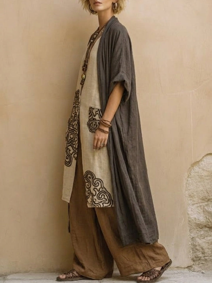 Giulia - Set Nomade Bohemien in Tre Pezzi Grigio Scuro e Marrone con Motivo Tribale