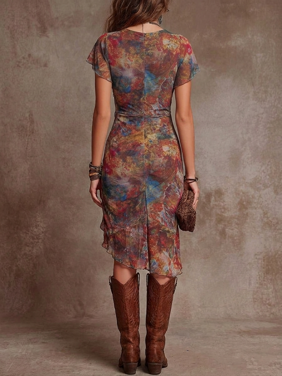 Abito Midi Plissettato V-neck con Stampa Astratta Bohemien