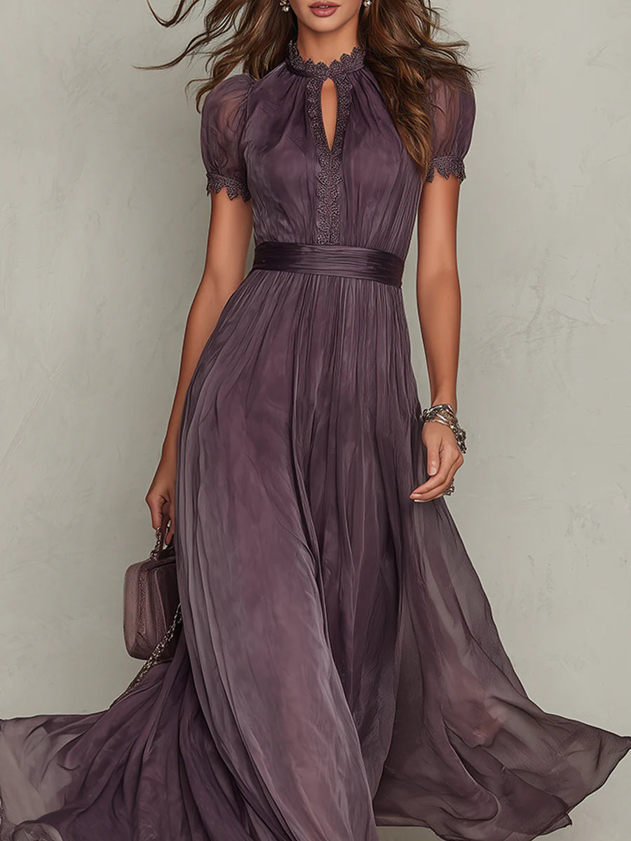 Abito Maxi in Chiffon con Collo a Fessura Viola