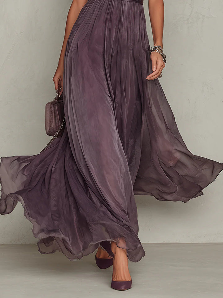 Abito Maxi in Chiffon con Collo a Fessura Viola