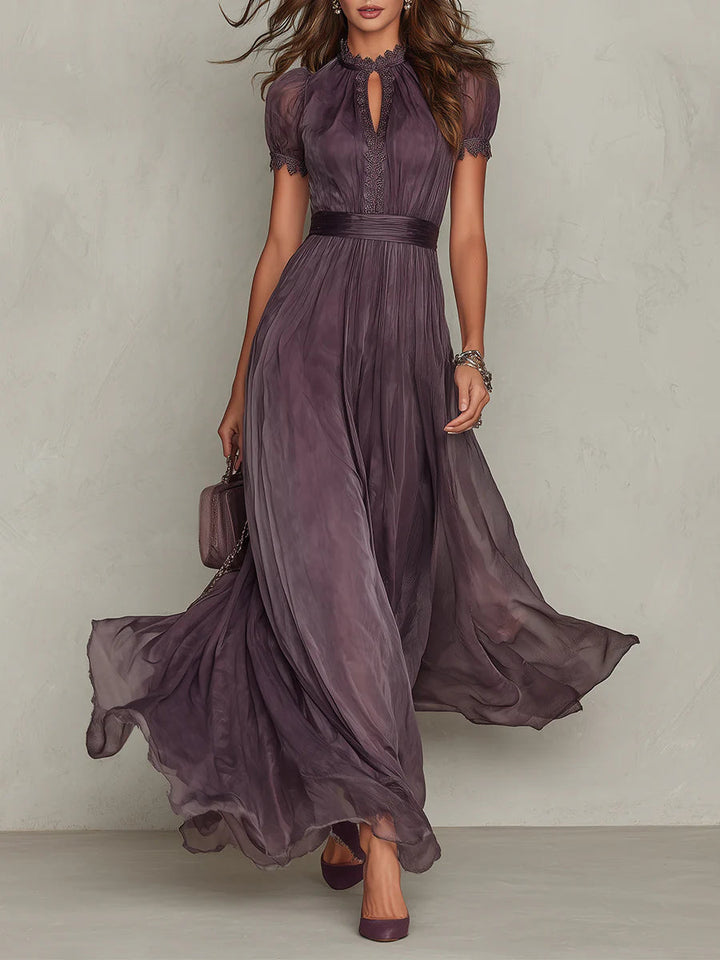 Abito Maxi in Chiffon con Collo a Fessura Viola