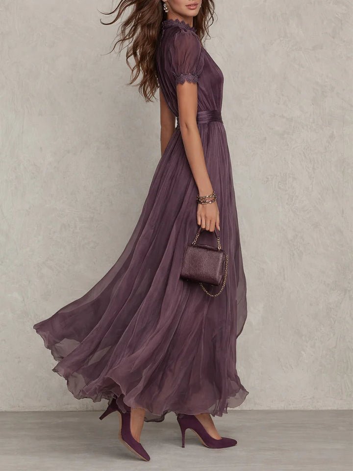 Abito Maxi in Chiffon con Collo a Fessura Viola