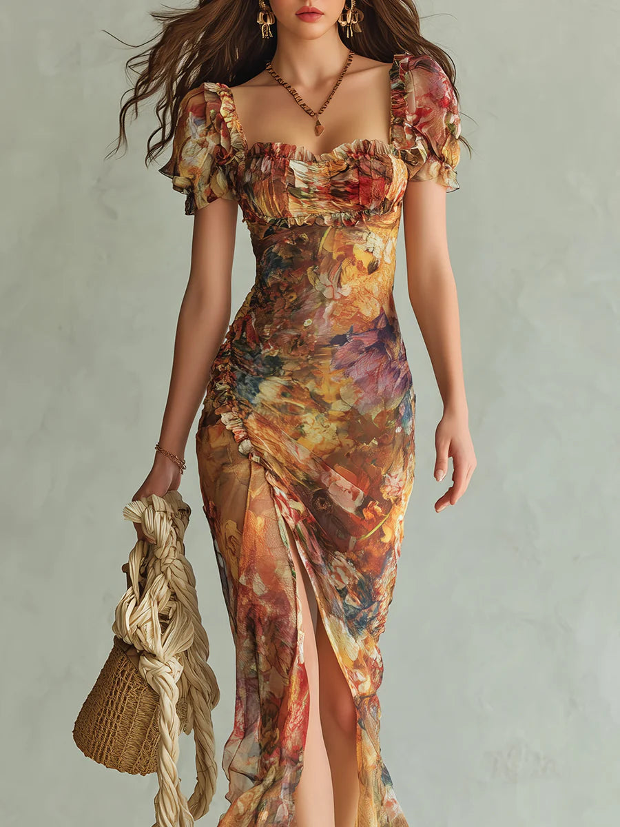 Abito Maxi in Chiffon con Stampa di Olio Bohemien Arancione
